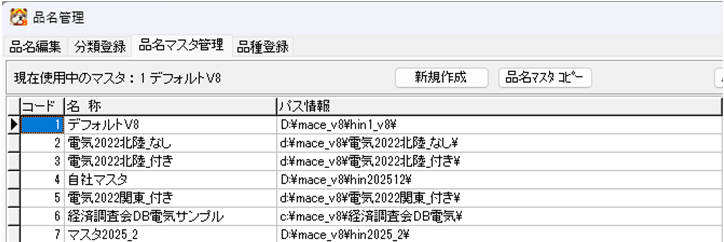 品名管理の品名マスタ管理タブ。各品名マスタのパス情報の一覧が表示されている